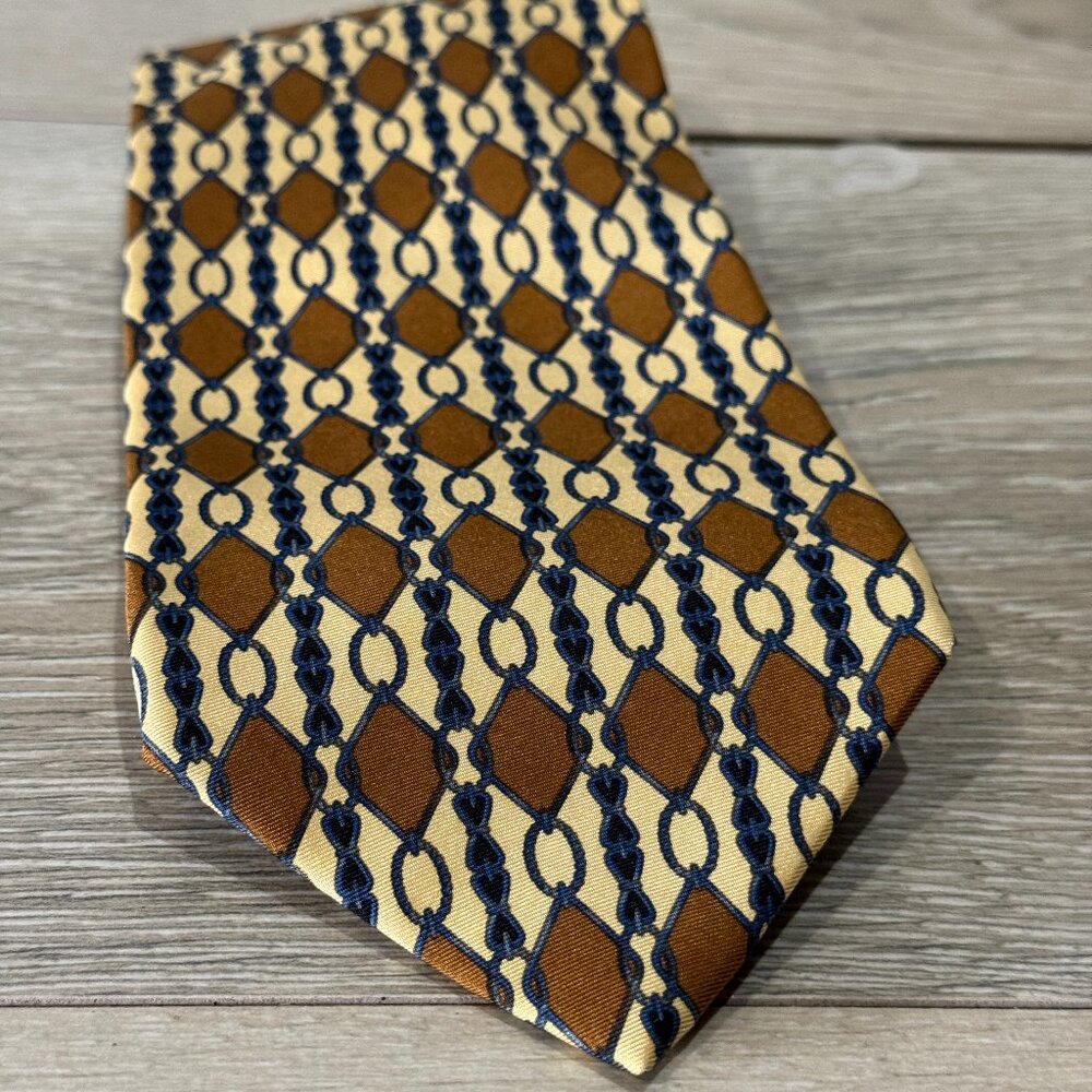 Vintage Tom James Men's Silk Tie Brown Blue Chain Pattern